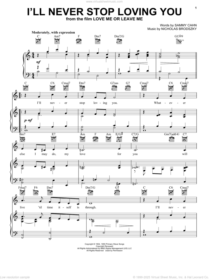 I'll Never Stop Loving You sheet music for voice, piano or guitar by Doris Day, Nicholas Brodszky and Sammy Cahn, intermediate skill level