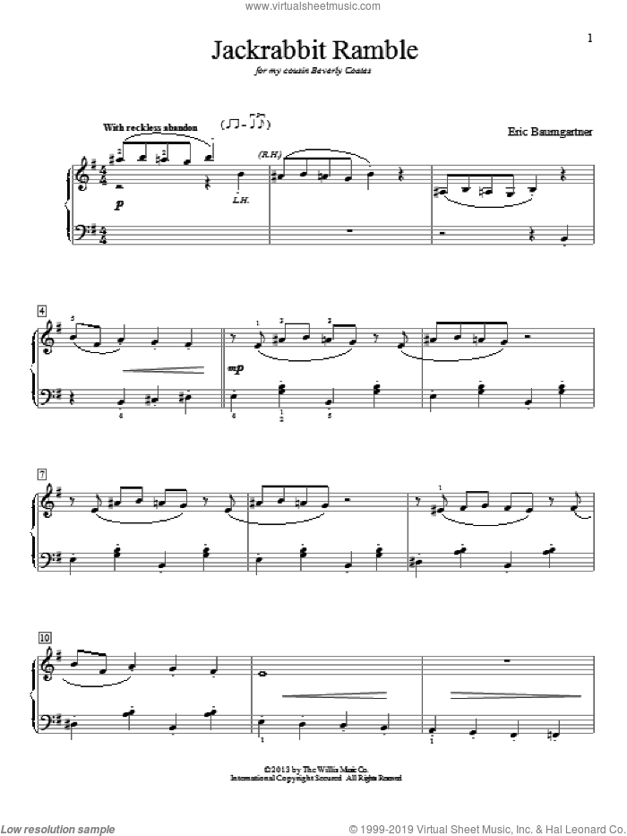 Jackrabbit Ramble sheet music for piano solo (elementary) by Eric Baumgartner, beginner piano (elementary)