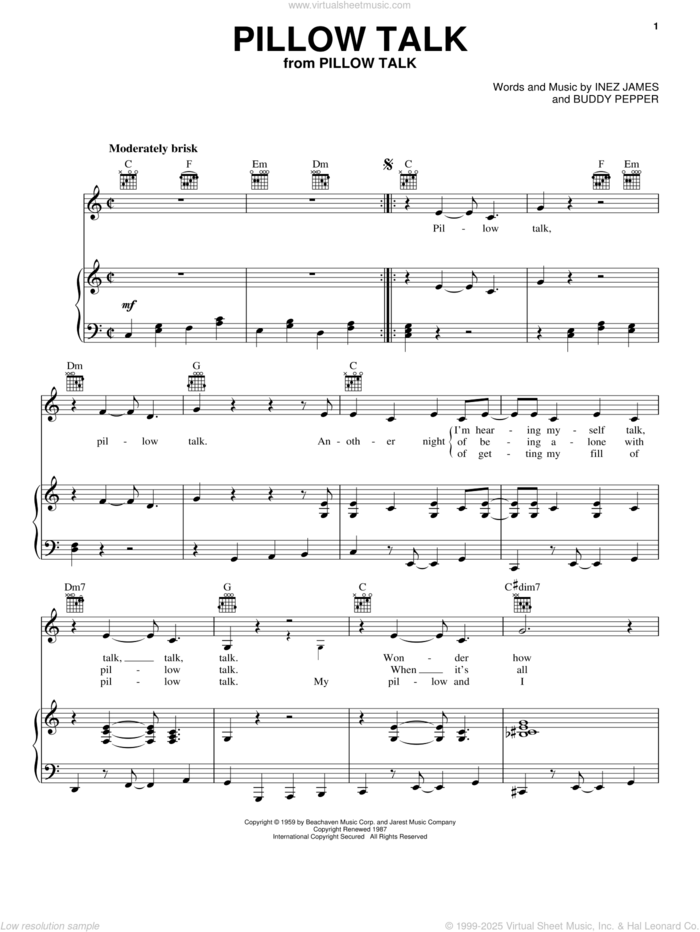 Pillow Talk sheet music for voice, piano or guitar by Doris Day, Buddy Pepper and Inez James, intermediate skill level