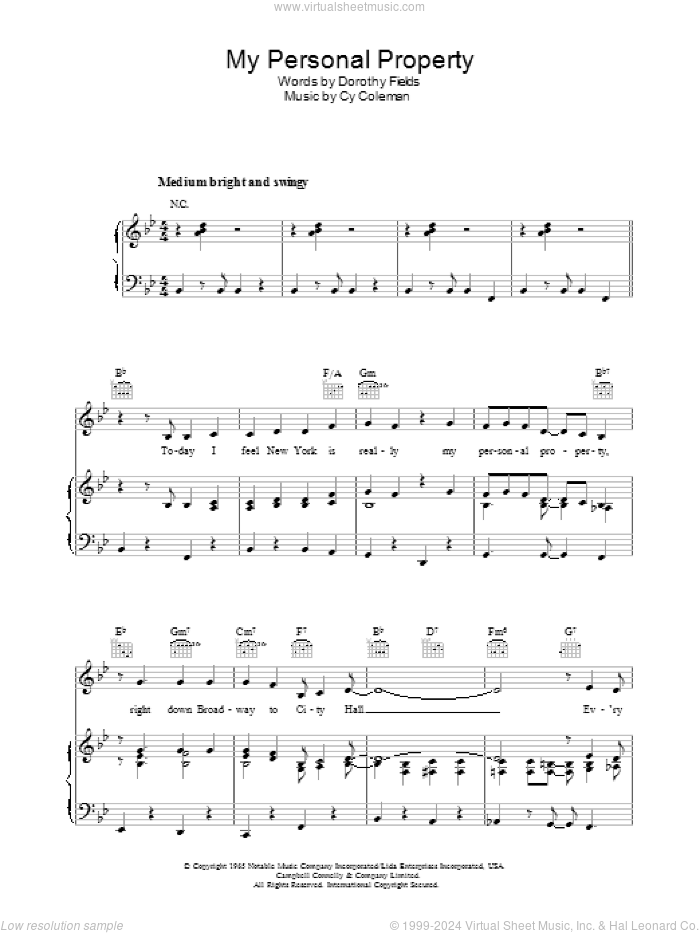 My Personal Property sheet music for voice, piano or guitar by Cy Coleman and Dorothy Fields, intermediate skill level