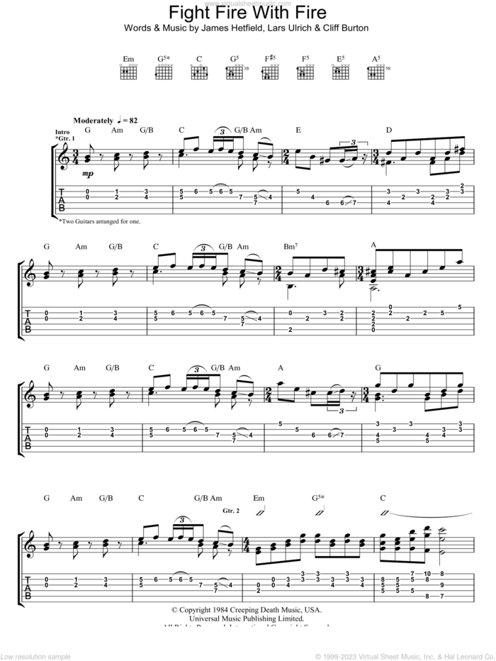 Fight Fire With Fire sheet music for guitar (tablature) by Metallica, Cliff Burton, James Hetfield and Lars Ulrich, intermediate skill level