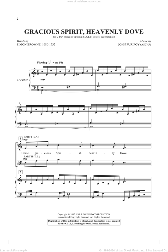 Gracious Spirit, Heavenly Dove sheet music for choir (2-Part Mixed) by John Purifoy and Simon Browne, intermediate skill level