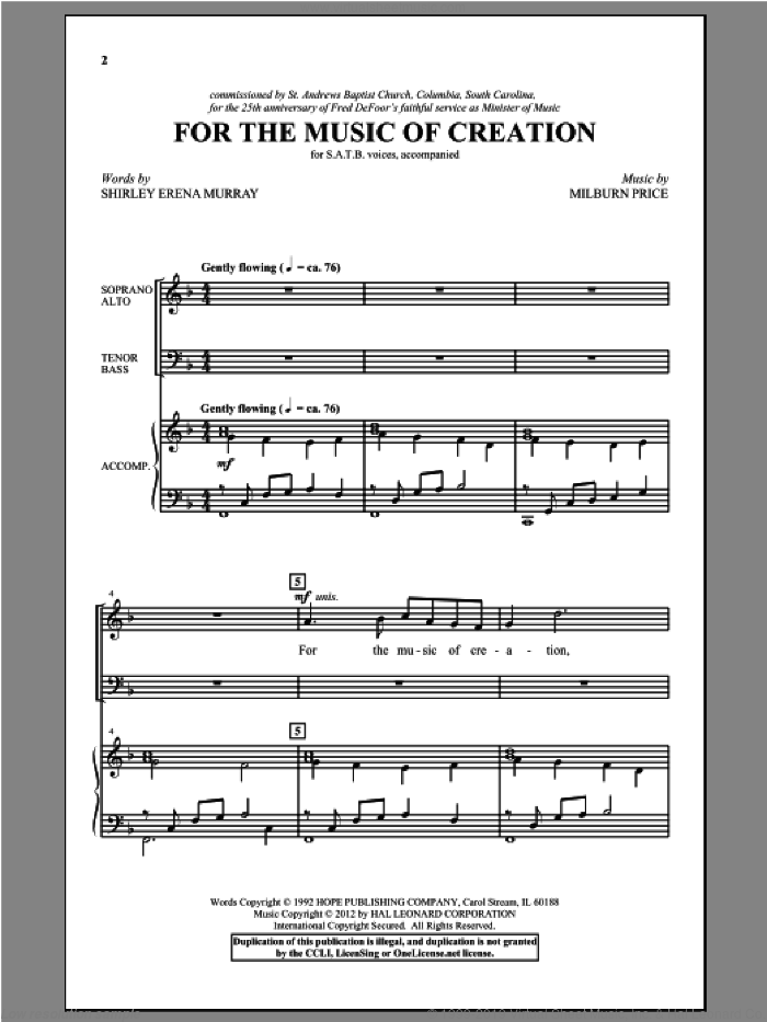 For The Music Of Creation sheet music for choir (SATB: soprano, alto, tenor, bass) by Milburn Price and Shirley Erena Murray, intermediate skill level