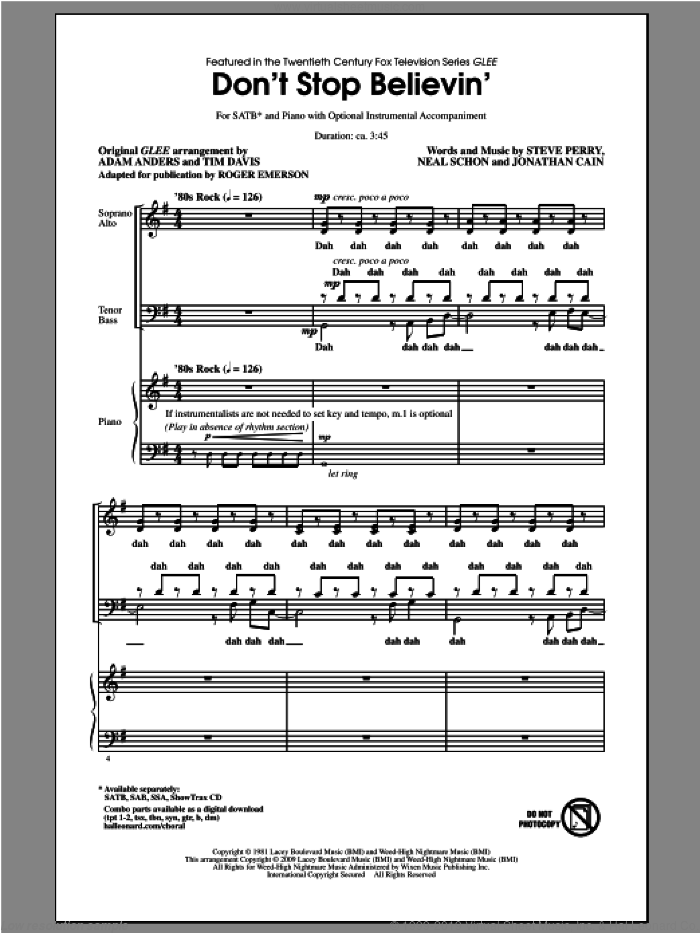 Don't Stop Believin' (arr. Roger Emerson) sheet music for choir (SATB: soprano, alto, tenor, bass) by Roger Emerson, Glee Cast, Journey and Steve Perry, intermediate skill level