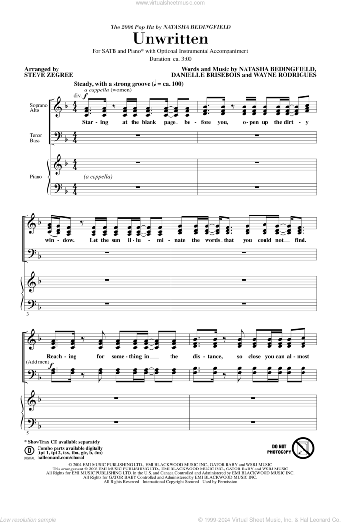 Unwritten sheet music for choir (SATB: soprano, alto, tenor, bass) by Steve Zegree and Natasha Bedingfield, intermediate skill level