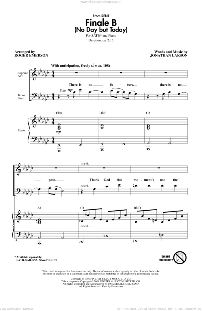 Finale B (No Day But Today) sheet music for choir (SATB: soprano, alto, tenor, bass) by Roger Emerson and Jonathan Larson, intermediate skill level