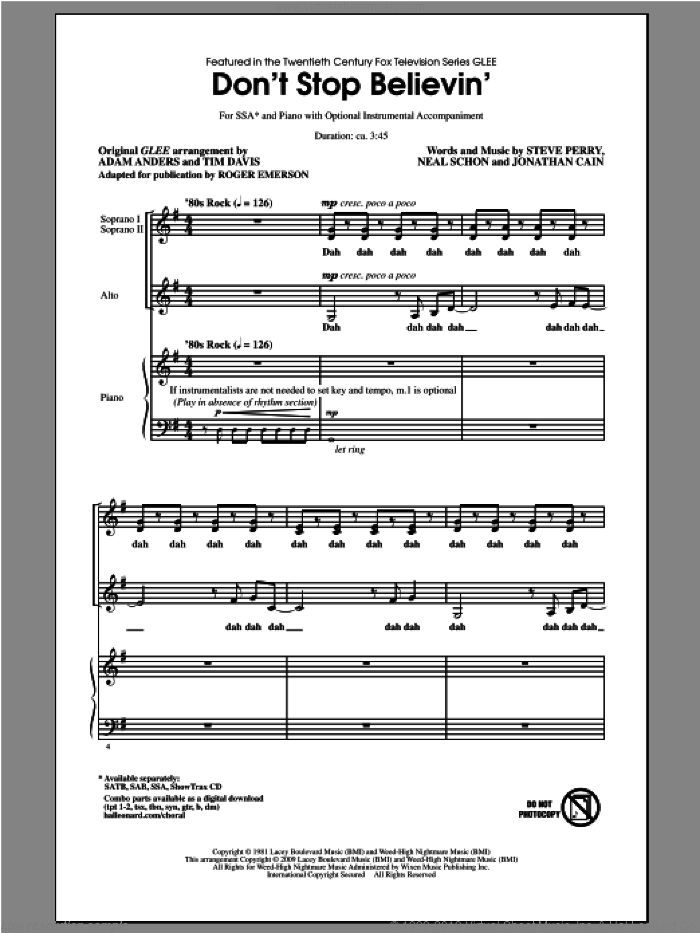 Don't Stop Believin' sheet music for choir (SSA: soprano, alto) by Roger Emerson, Glee Cast, Journey and Steve Perry, intermediate skill level