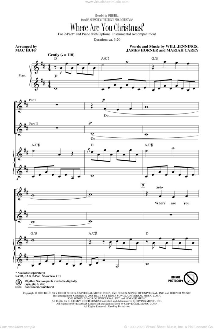 Where Are You Christmas? (arr. Mac Huff) (from How The Grinch Stole Christmas) sheet music for choir (2-Part) by Faith Hill, James Horner, Mac Huff, Mariah Carey and Will Jennings, intermediate duet