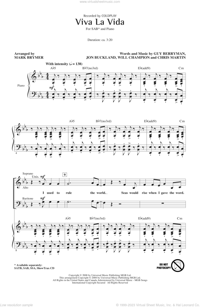 Viva La Vida (arr. Mark Brymer) sheet music for choir (SAB: soprano, alto, bass) by Mark Brymer, Chris Martin and Coldplay, intermediate skill level