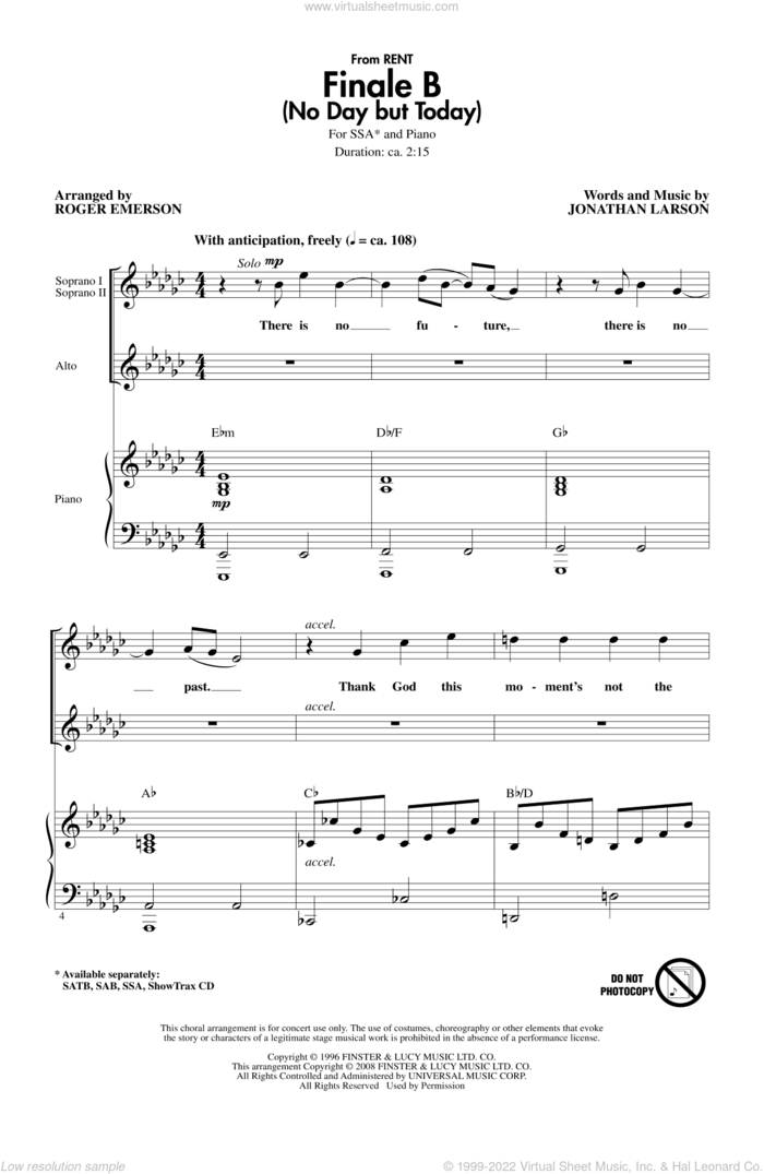 Finale B (No Day But Today) sheet music for choir (SSA: soprano, alto) by Roger Emerson and Jonathan Larson, intermediate skill level