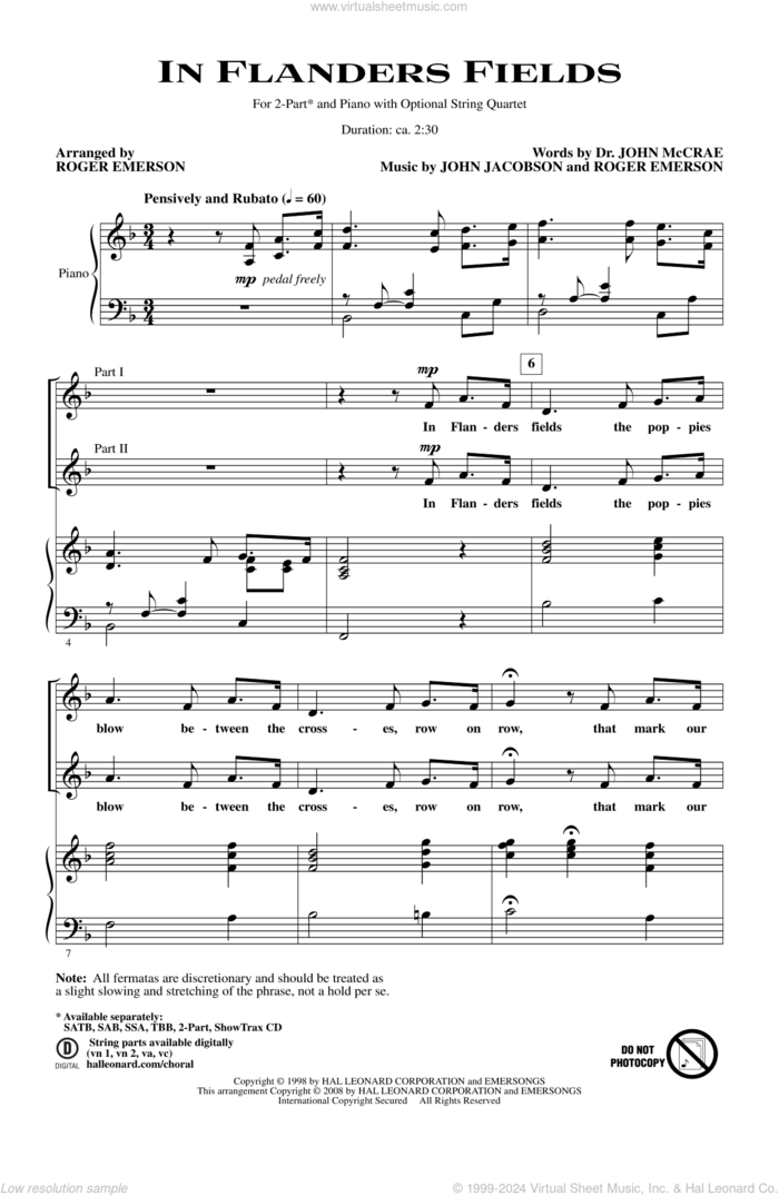 In Flanders Fields sheet music for choir (2-Part) by Roger Emerson, Dr. John McCrae and John Jacobson, intermediate duet
