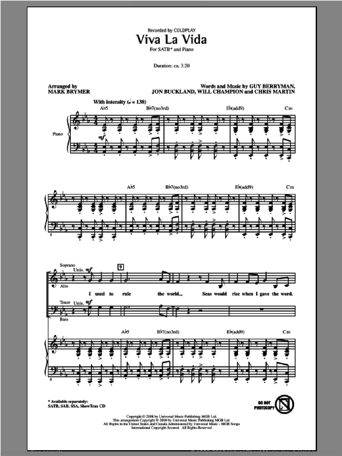 Viva La Vida (arr. Mark Brymer) sheet music for choir (SATB: soprano, alto, tenor, bass) by Chris Martin, Coldplay and Mark Brymer, intermediate skill level