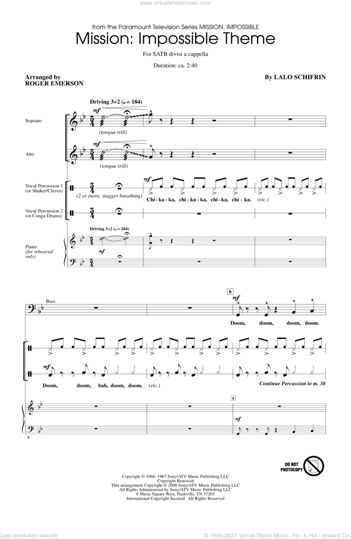 Mission: Impossible Theme sheet music for choir (SATB: soprano, alto, tenor, bass) by Roger Emerson, intermediate skill level