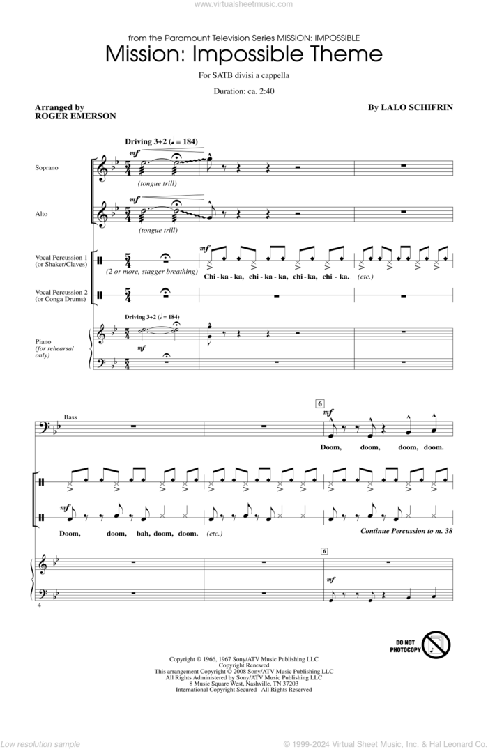 Mission: Impossible Theme sheet music for choir (SATB: soprano, alto, tenor, bass) by Roger Emerson, intermediate skill level