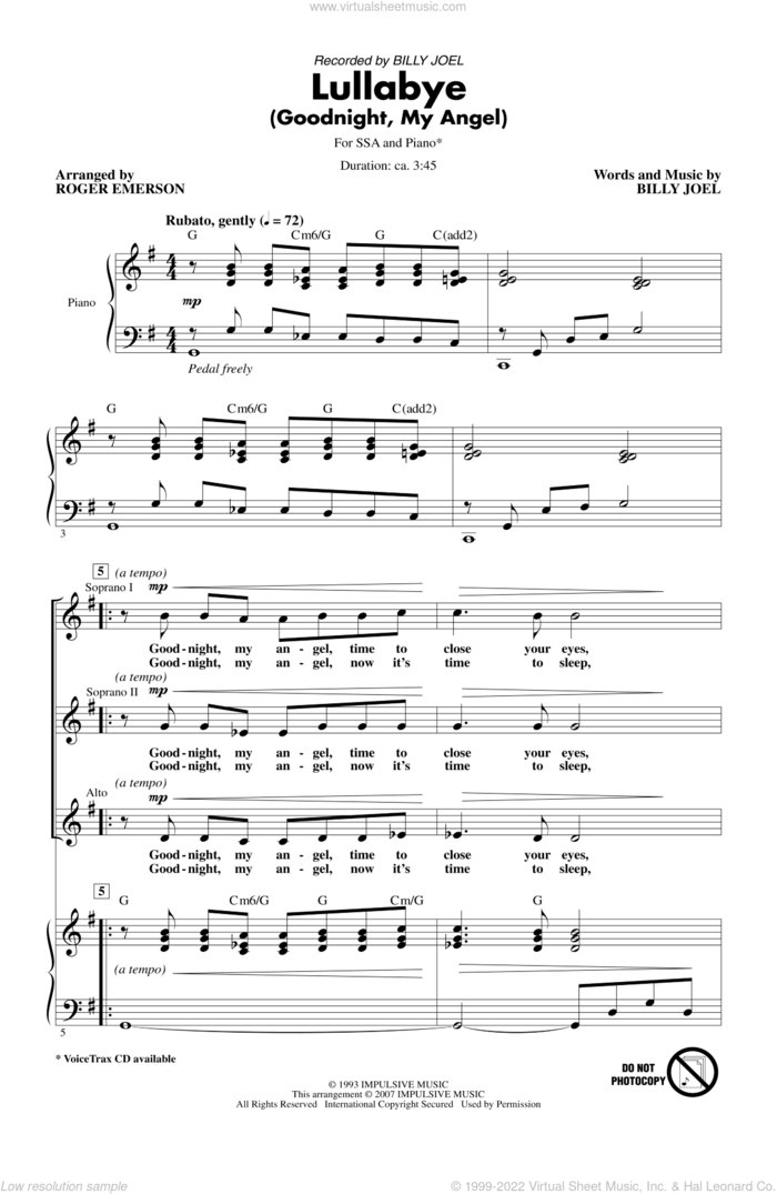 Lullabye (Goodnight, My Angel) sheet music for choir (SSA: soprano, alto) by Roger Emerson and Billy Joel, intermediate skill level