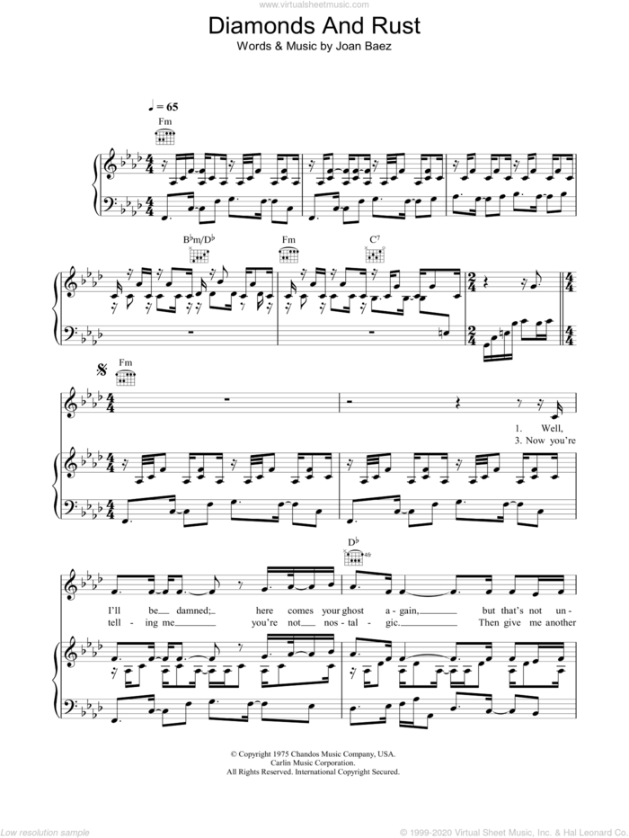 Diamonds And Rust sheet music for voice, piano or guitar by Joan Baez, intermediate skill level