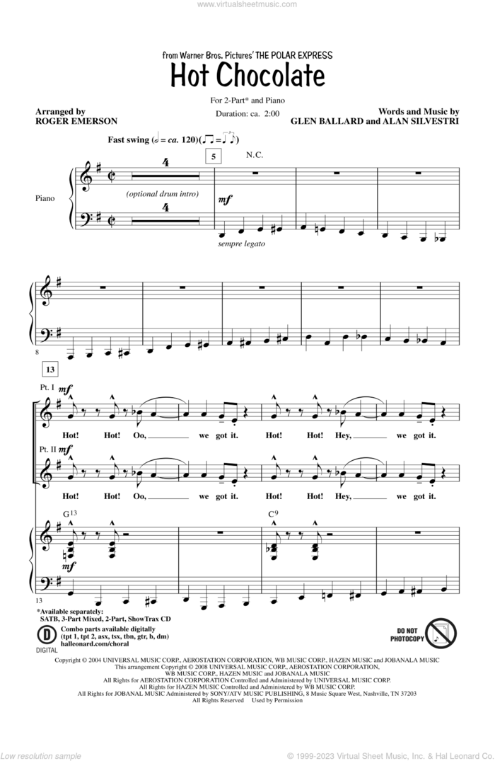 Hot Chocolate (from Polar Express) (arr. Roger Emerson) sheet music for choir (2-Part) by Roger Emerson and Glen Ballard and Alan Silvestri, intermediate duet