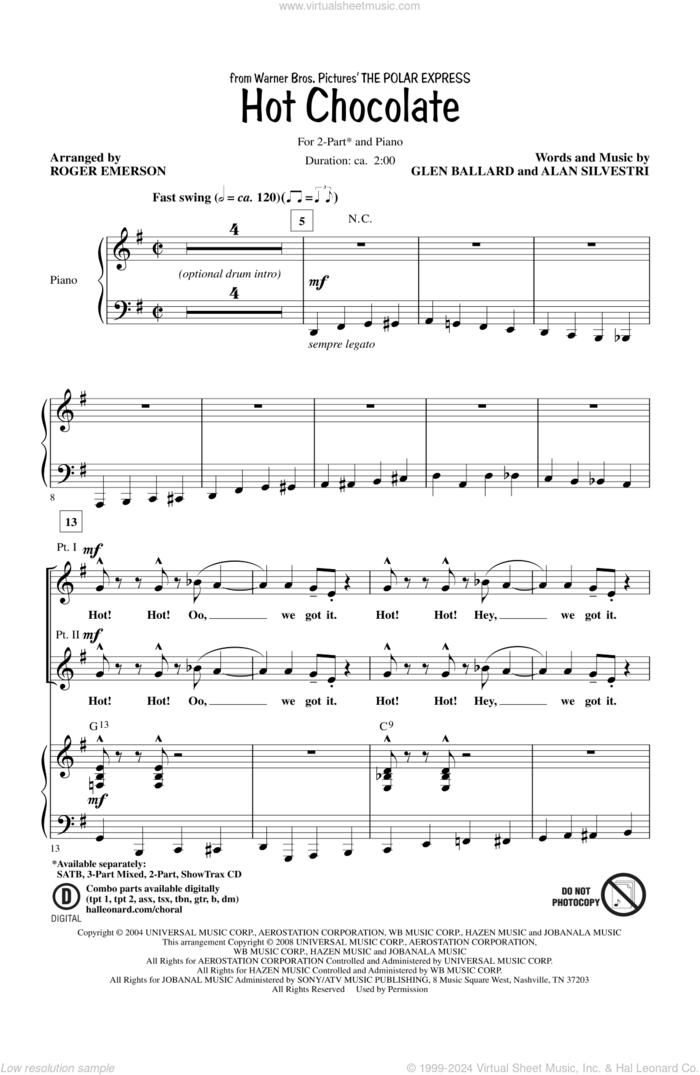 Hot Chocolate (from Polar Express) (arr. Roger Emerson) sheet music for choir (2-Part) by Roger Emerson and Glen Ballard and Alan Silvestri, intermediate duet