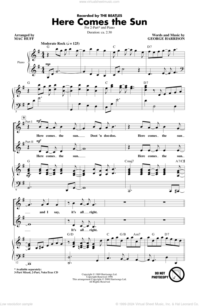Here Comes The Sun (arr. Mac Huff) sheet music for choir (2-Part) by The Beatles, George Harrison and Mac Huff, intermediate duet