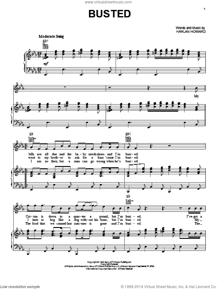 Busted sheet music for voice, piano or guitar by Johnny Cash, Harlan Howard, John Conlee and Ray Charles, intermediate skill level