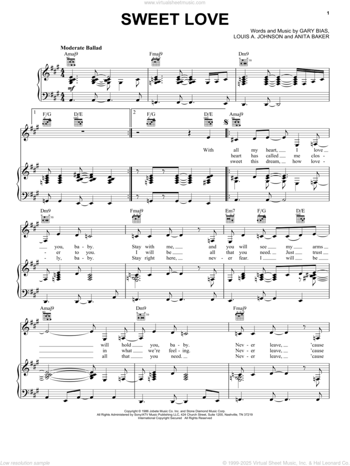 Sweet Love sheet music for voice, piano or guitar by Anita Baker, Gary Bias and Louis Johnson, intermediate skill level