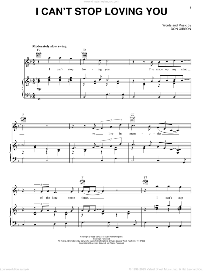 I Can't Stop Loving You sheet music for voice, piano or guitar by Conway Twitty, Don Gibson and Ray Charles, intermediate skill level