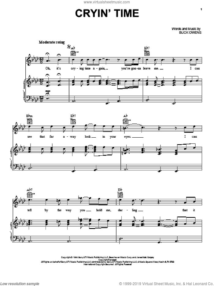 Cryin' Time sheet music for voice, piano or guitar by Buck Owens and Ray Charles, intermediate skill level
