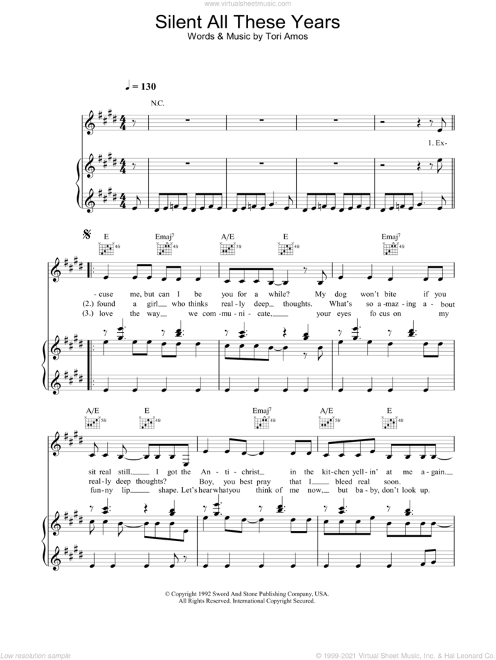 Silent All These Years sheet music for voice, piano or guitar by Tori Amos, intermediate skill level