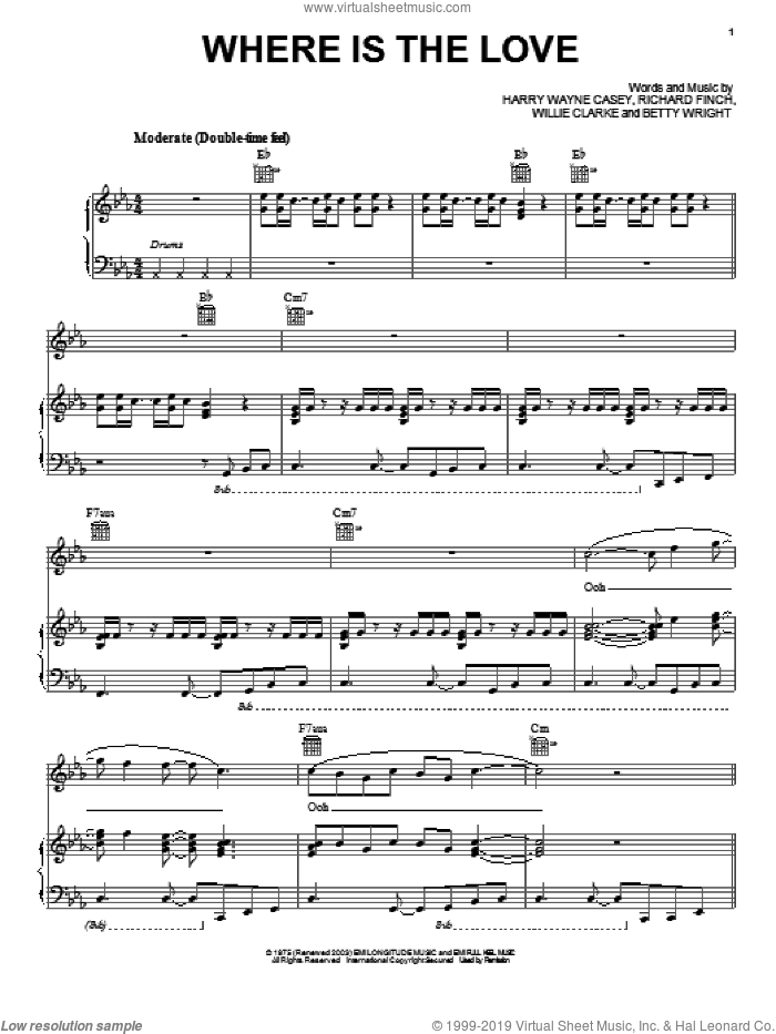 Where Is The Love sheet music for voice, piano or guitar by Harry Wayne Casey, Betty Wright, Richard Finch and Willie Clarke, intermediate skill level