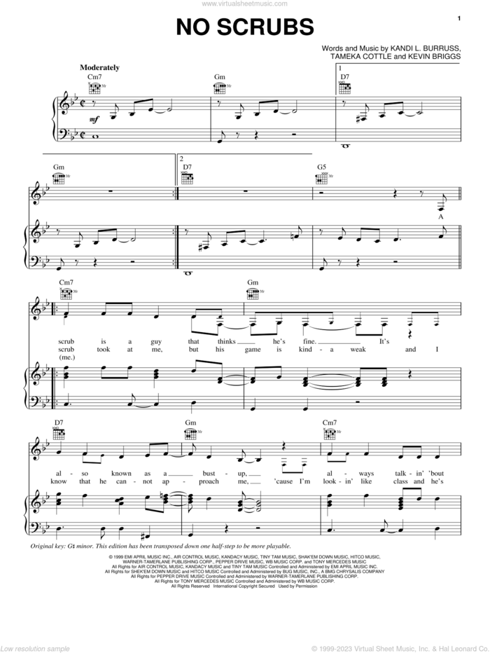 No Scrubs sheet music for voice, piano or guitar by Marqueze Etheridge, Kandi L. Burruss, Kevin Briggs and Tameka Cottle, intermediate skill level