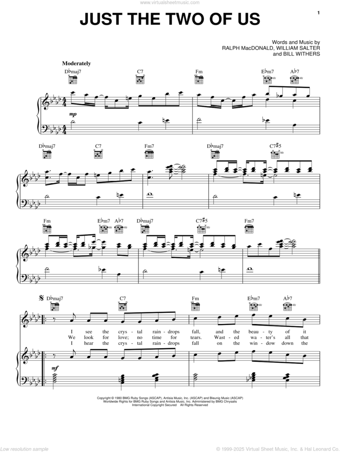 Just The Two Of Us sheet music for voice, piano or guitar by Grover Washington Jr. feat. Bill Withers and Bill Withers, intermediate skill level