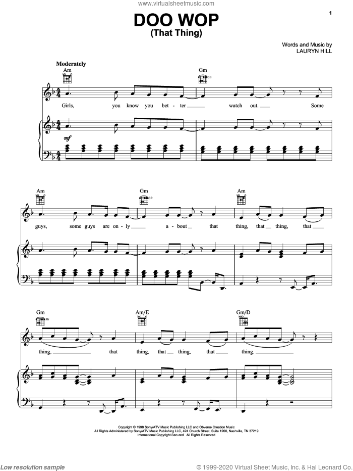 Doo Wop (That Thing) sheet music for voice, piano or guitar by Lauryn Hill, intermediate skill level
