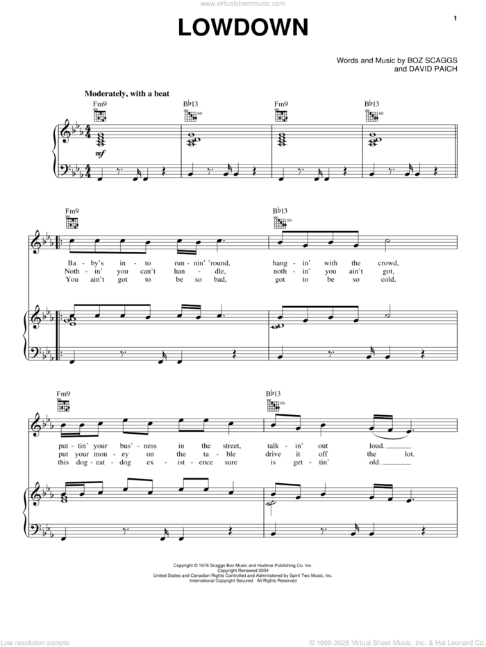 Lowdown sheet music for voice, piano or guitar by Boz Scaggs and David Paich, intermediate skill level