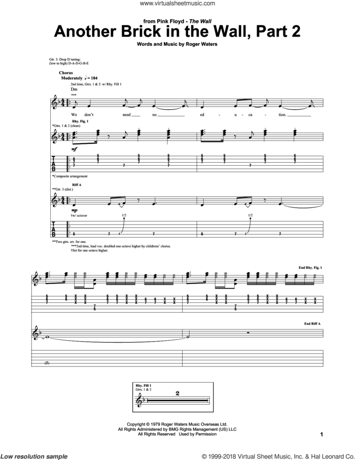 Another Brick In The Wall, Part 2 sheet music for guitar (tablature) by Pink Floyd and Roger Waters, intermediate skill level