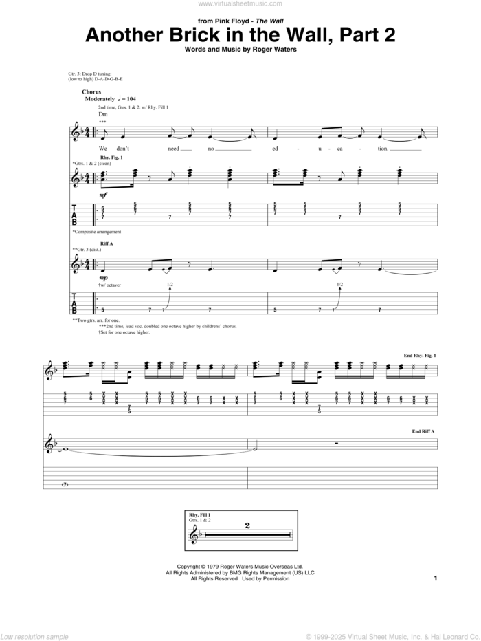 Another Brick In The Wall, Part 2 sheet music for guitar (tablature) by Pink Floyd and Roger Waters, intermediate skill level