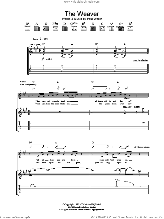 The Weaver sheet music for guitar (tablature) by Paul Weller, intermediate skill level