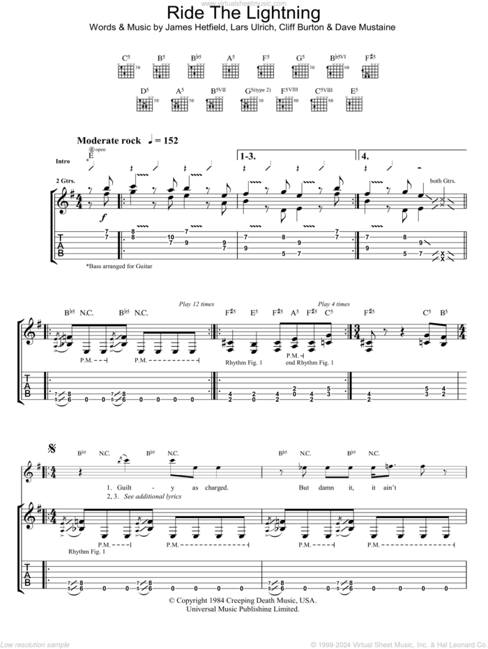 Ride The Lightning sheet music for guitar (tablature) by Metallica, Cliff Burton, Dave Mustaine, James Hetfield and Lars Ulrich, intermediate skill level