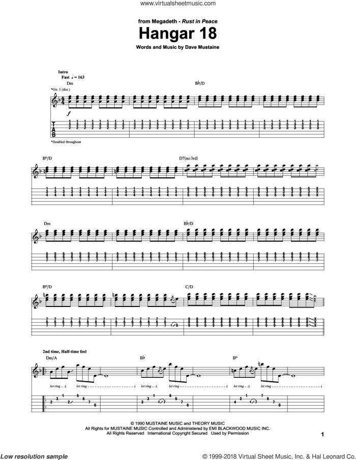 Hangar 18 sheet music for guitar (tablature) by Megadeth and Dave Mustaine, intermediate skill level