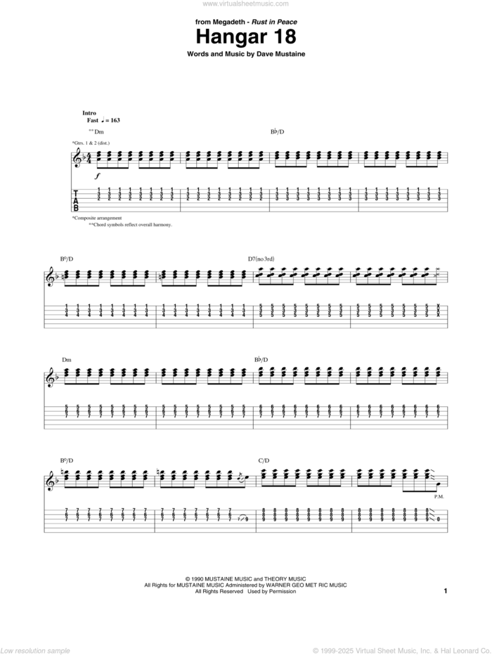 Hangar 18 sheet music for guitar (tablature) by Megadeth and Dave Mustaine, intermediate skill level