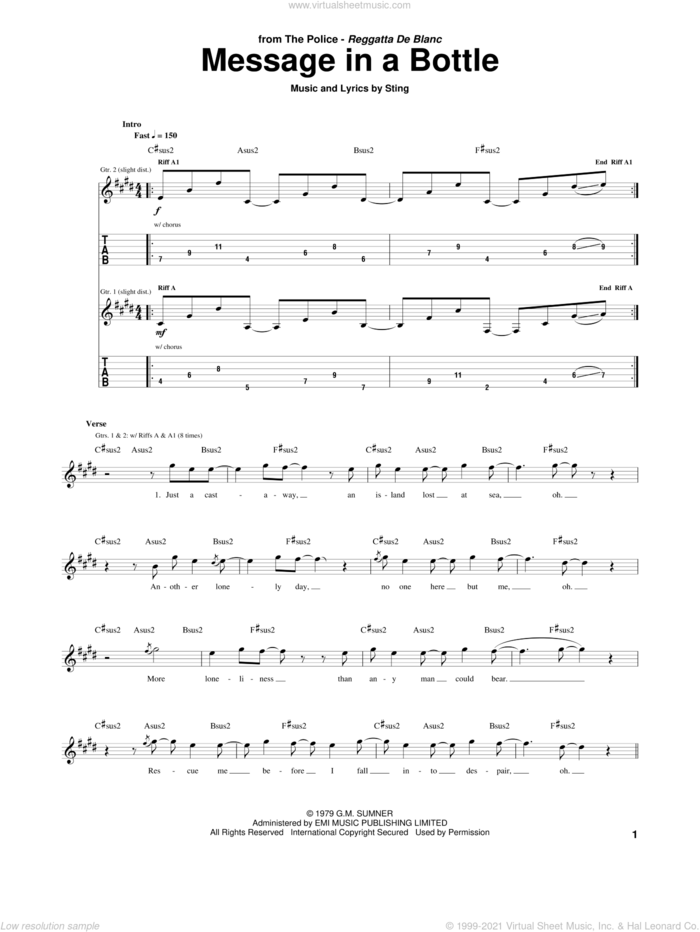 Message In A Bottle sheet music for guitar (tablature) by The Police and Sting, intermediate skill level