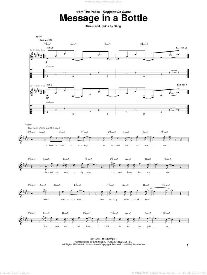 Message In A Bottle sheet music for guitar (tablature) by The Police and Sting, intermediate skill level