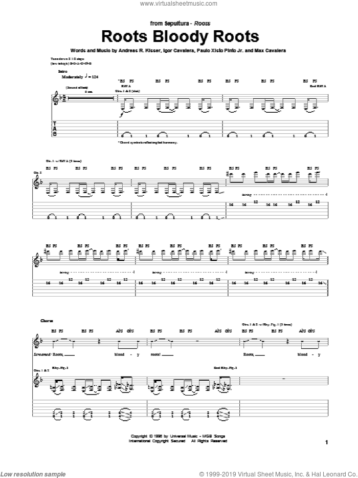 Roots Bloody Roots sheet music for guitar (tablature) by Sepultura, intermediate skill level