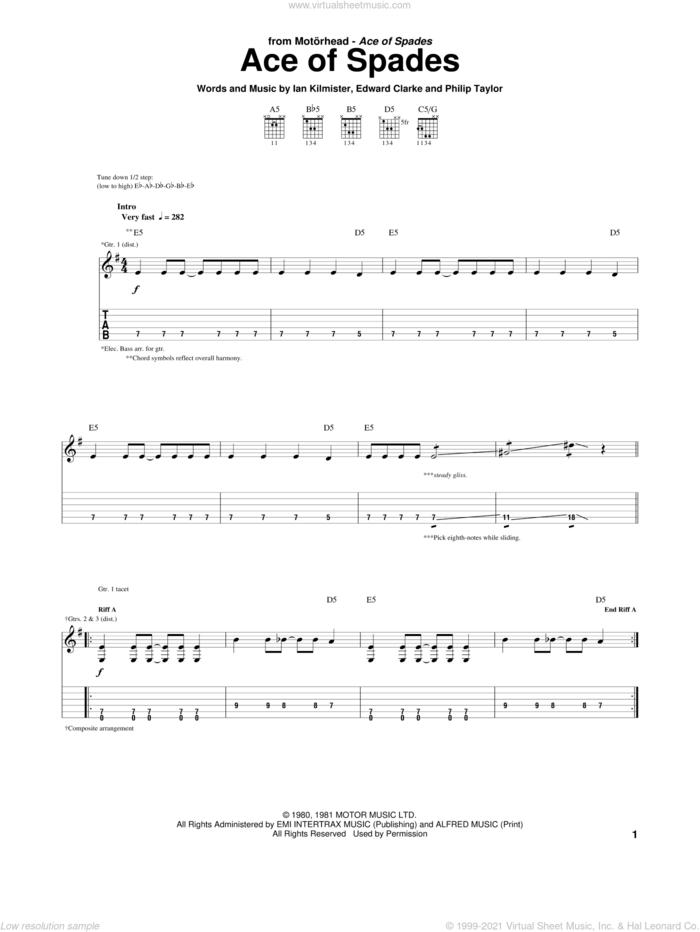 Ace Of Spades sheet music for guitar (tablature) by Motorhead, intermediate skill level