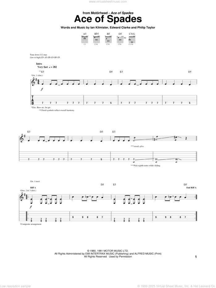 Ace Of Spades sheet music for guitar (tablature) by Motorhead, intermediate skill level