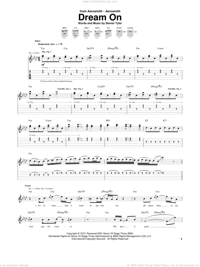 Dream On sheet music for guitar (tablature) by Aerosmith and Steven Tyler, intermediate skill level