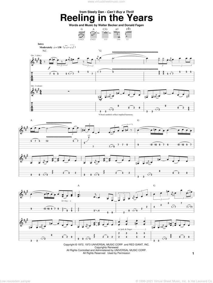 Reeling In The Years sheet music for guitar (tablature) by Steely Dan, Donald Fagen and Walter Becker, intermediate skill level