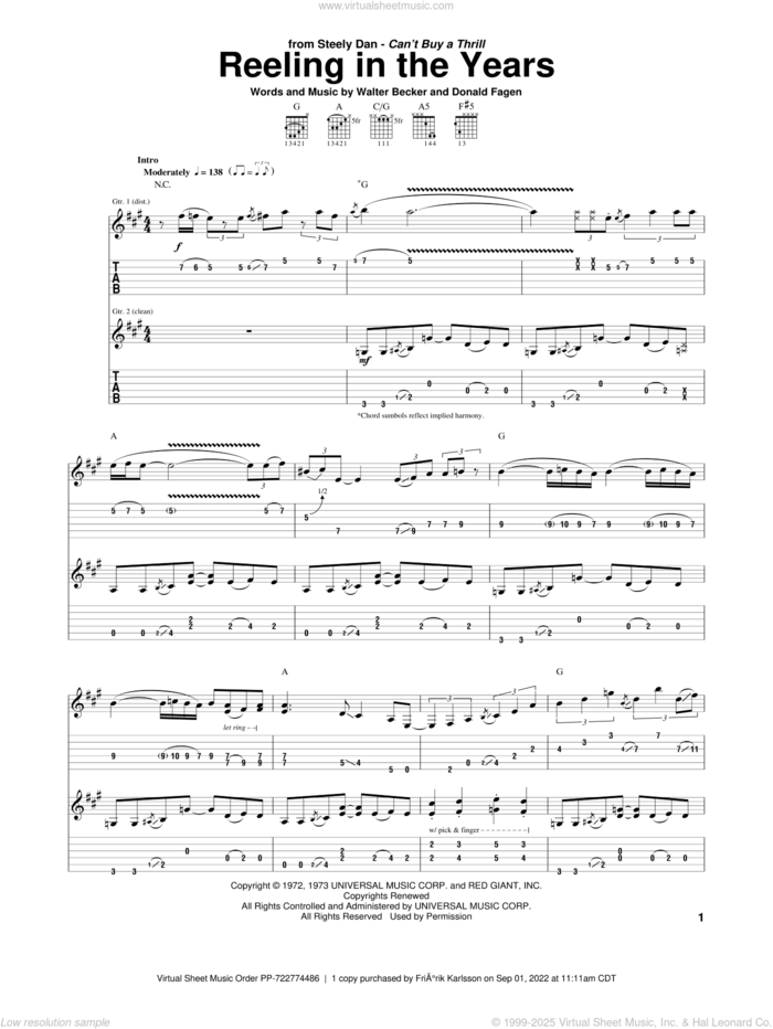 Reeling In The Years sheet music for guitar (tablature) by Steely Dan, Donald Fagen and Walter Becker, intermediate skill level