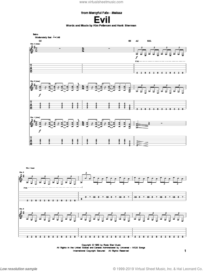 Evil sheet music for guitar (tablature) by Mercyful Fate, intermediate skill level