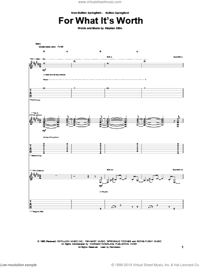 For What It's Worth sheet music for guitar (tablature) by Buffalo Springfield and Stephen Stills, intermediate skill level