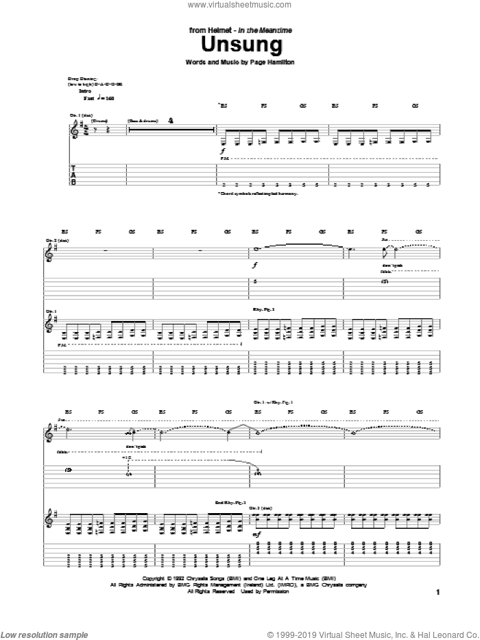 Unsung sheet music for guitar (tablature) by Helmet and Page Hamilton, intermediate skill level
